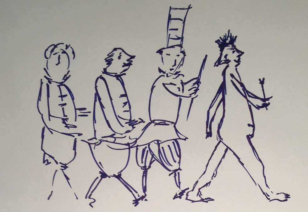 a sketch of the Emperor on parade with the two tailors